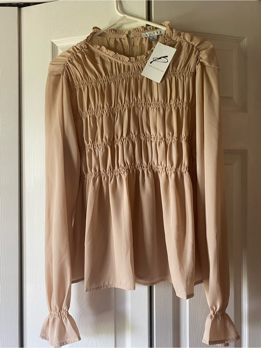 Women's Beige Smocked Long-Sleeve Blouse